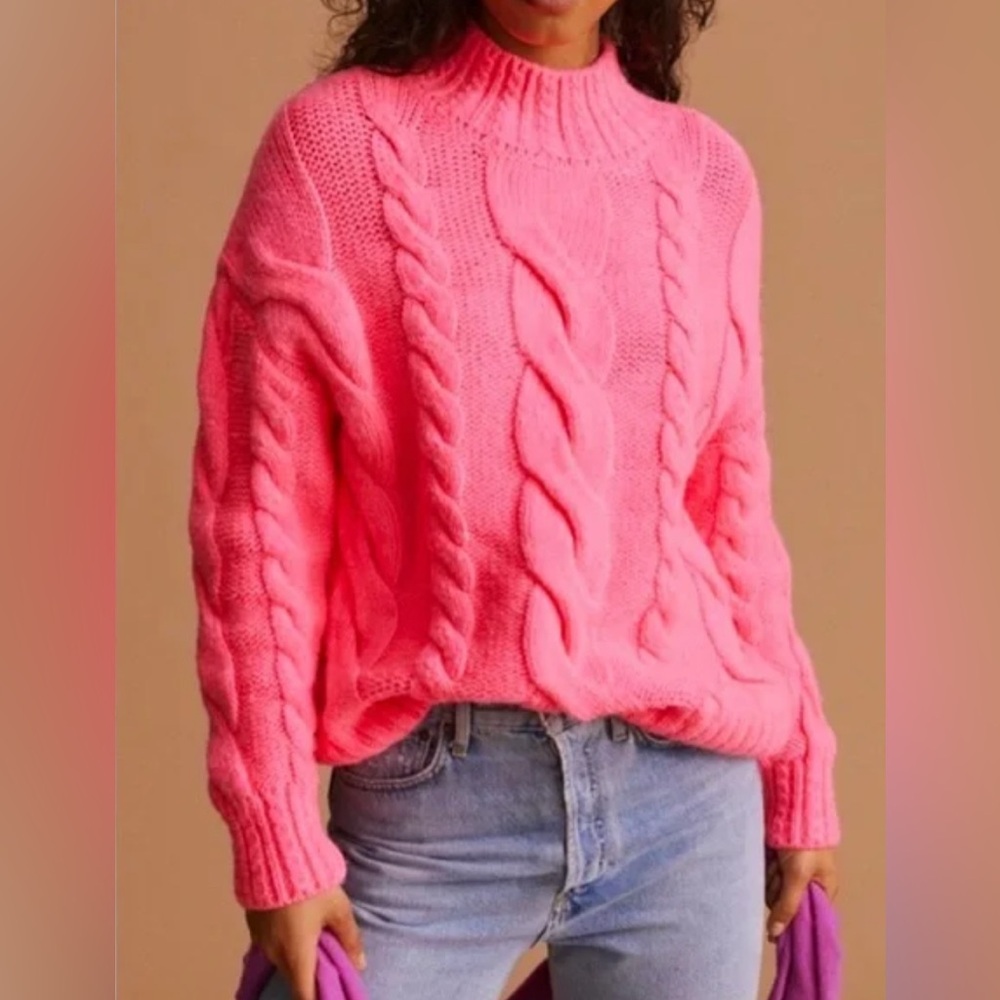 Anthropologie Hot Pink Cable Knit Turtleneck Sweater,‎ Size XS